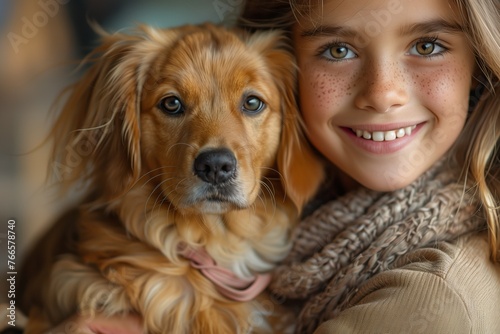 A little girl with a big smile holds a furry dog in her arms