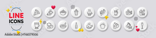 Croissant, Beer bottle and Vegetable line icons. White buttons 3d icons. Pack of Chef, Fitness water, Pizza icon. Cooking hat, Burger, Champagne glass pictogram. Vector