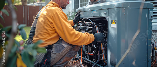 Obraz na płótnie A crew installing a home generator. Generative AI.