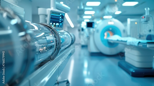 Close-up shots of medical devices and instruments used in a modern healthcare facility. highlights the precision and sophistication of the equipment. Generative AI.