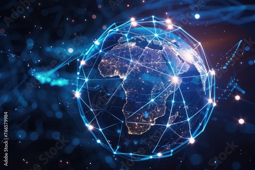 Digital globe featuring Africa at its center, symbolizing global connectivity and network infrastructure, representing data exchange, cyber technology, and international telecommunications