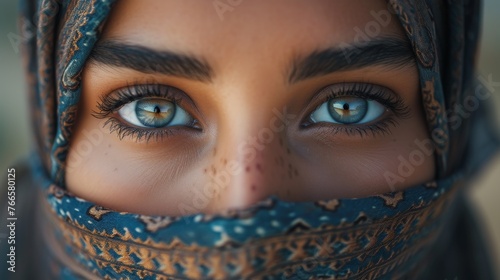 Intense blue eyes gaze captivatingly from behind a blue patterned veil, highlighted by the sun's soft rays.