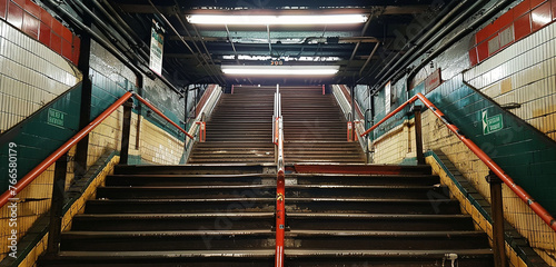 A staircase leading down into the heart of a bustling subway station