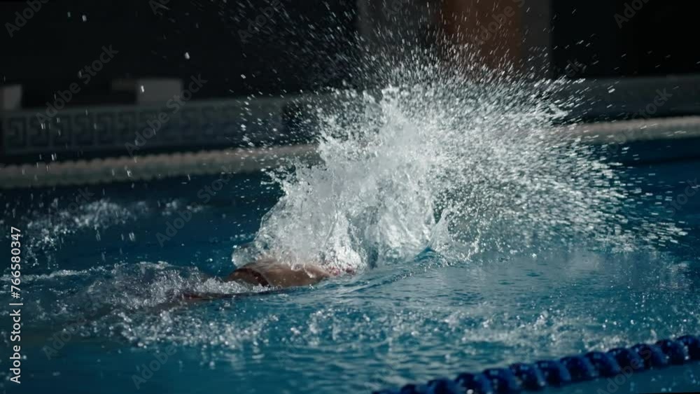Training Of Professional Female Swimmer, Athletic Woman In Red Swimsuit Swimming Butterfly Style Training Of Professional Female Swimmer, Athletic Woman In Red Swimsuit Swimming Butterfly Style