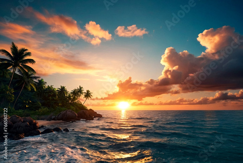 Background tropical nature landscape with sunset on fantastic seascape, amazing orange sky with clouds on ocean coastline. Concept of summer vacation and business travel. Beautiful in tropical climate © Alex Vog