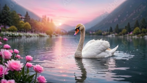 Sunset Serenade: Swan Amidst Pink Blossoms on Alpine Lake
