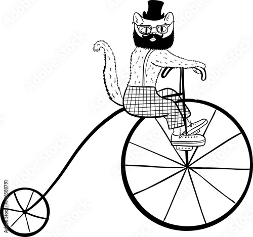 Hipster hand drawn vector illustration. Cat on a bike vintage look