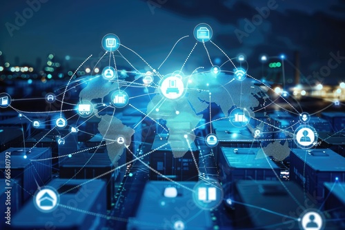 Distribution and logistics concept of global digital internet marketing and business e-commerce banner graphic concept showing global network and social media connection technology