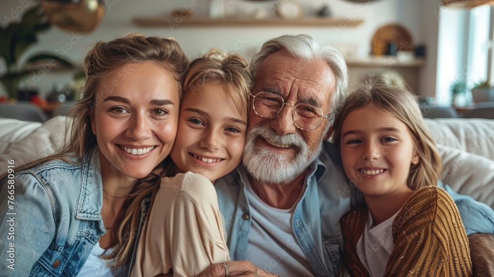 Grandfather embracing two young granddaughters, happy faces. Grandfather embracing two young granddaughters, happy faces.
