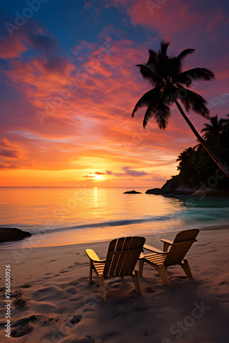 Spectacular Sunset View Of A Tropical Seaside - Peaceful Sandy Beach, With Relaxing Deck Chairs Under Coconut Trees