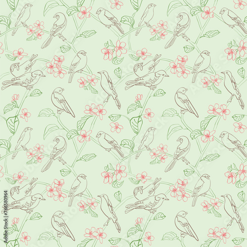 Wallpaper Mural light green seamless pattern. Vector texture with silhouettes of birds and apple tree flowers. Spring. Torontodigital.ca