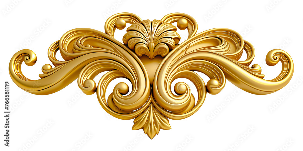 Golden baroque ornament floral elements isolated on white transparent background, png	