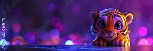 Captivating tiger cub lying down with vibrant bokeh lights, Concept of innocence, wildlife, and wonder
