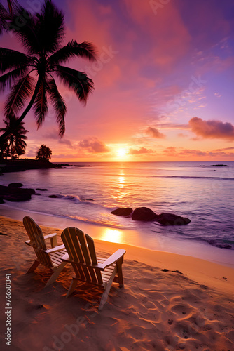 Spectacular Sunset View Of A Tropical Seaside - Peaceful Sandy Beach, With Relaxing Deck Chairs Under Coconut Trees