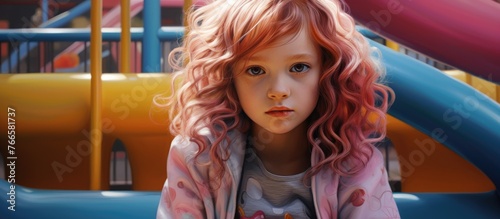 A girl, youthful and vibrant, with bright pink hair is comfortably seated on a playground slide