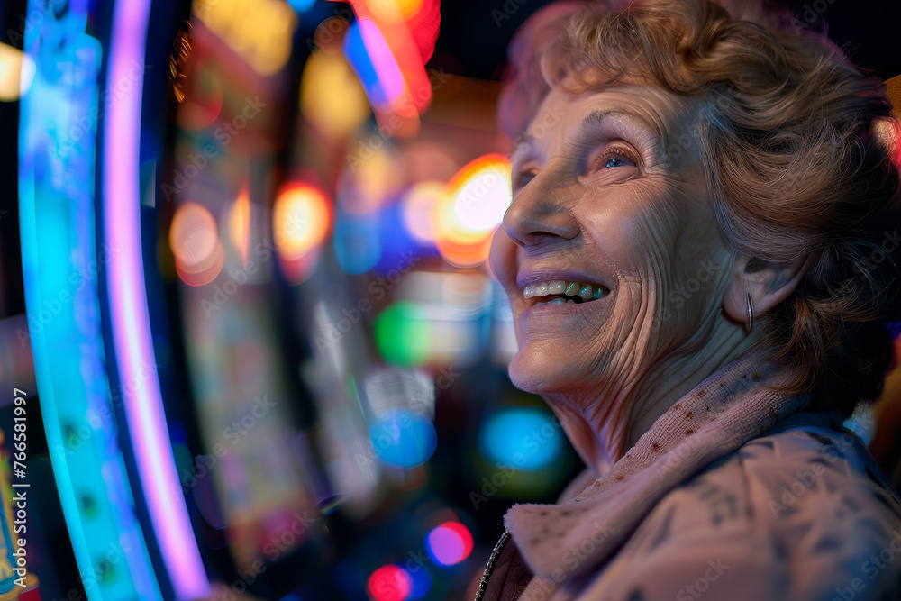 A close-up of a happy senior woman at a casino, her face glowing with excitement as she watches the spinning reels of a slot machine. A close-up of a happy senior woman at a casino, her face glowing with excitement as she watches the spinning reels of a slot machine.