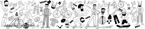 Hipster hand drawn vector illustration set. Includes Characters cat, dog, deer, woman, man, pants, accessory, bike, scooter, skate, hat, bag 