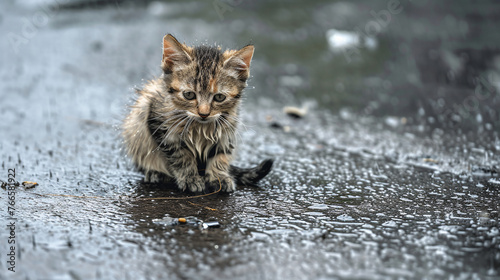 stray homeless cat sad abandoned hungry puppy sitting alone in the street under rain dirty wet lost dog outdoors pets adoption shelter rescue help for pets
