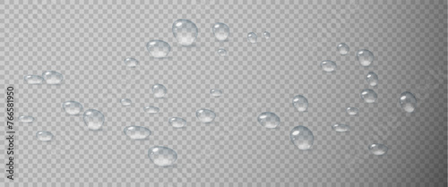 Realistic vector water drops png on a transparent light background. Water condensation on the surface with light reflection and realistic shadow. 3d vector illustration