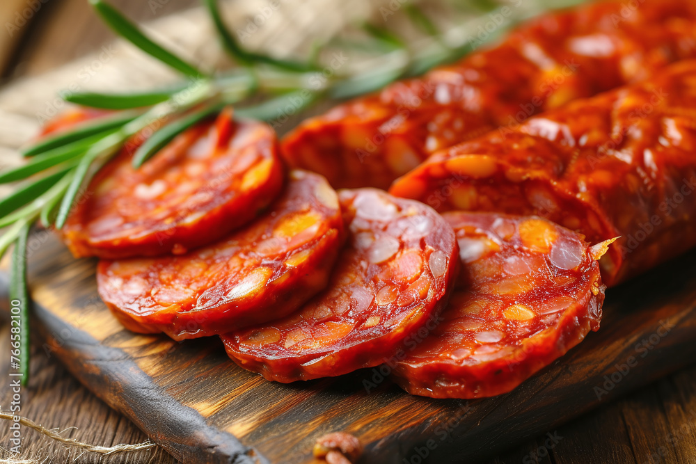 Spanish traditional chorizo sausage on a wooden board. Close up Spanish traditional chorizo sausage on a wooden board. Close up