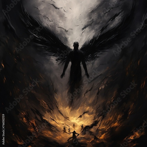 The angel Lucifer, black silhouettes of people fall with him into the black abyss. illustration painting