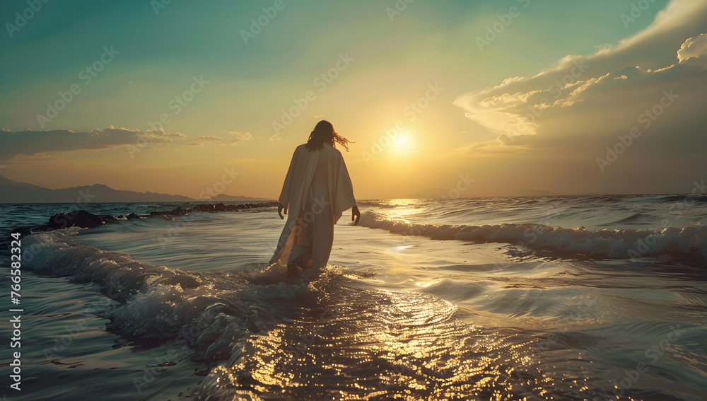 A depiction of Jesus Christ walking on the water of the Sea of Galilee on the occasion of Easter.