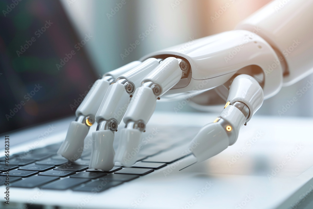Robot hand point to laptop buttons, advisor chatbot robotic, artificial intelligence concept. Future robot technology concept. Robot hand point to laptop buttons, advisor chatbot robotic, artificial intelligence concept. Future robot technology concept.