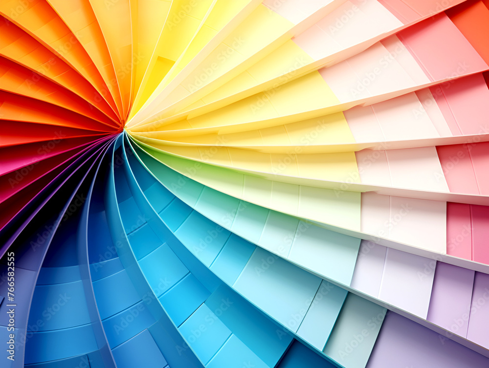 Obraz premium Spectrum fan of colorful color samples, close-up. Rainbow array of paint sample swatches. Color swatches radiating from center. Colorful wheel close up. Designer's color fan in a circular array