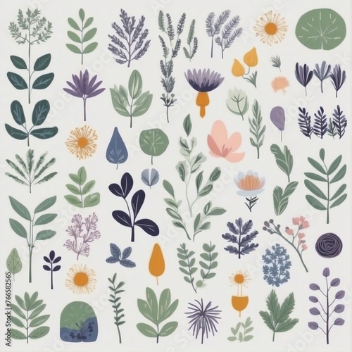 A collection of seamless pattern, colorful abstract plants and flowers. Hand drawn Collection of leaves and flowers. A close up of a pattern of flowers and leaves.