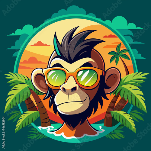 Illustrations vector monkey wearing sun glasses with colorful background 