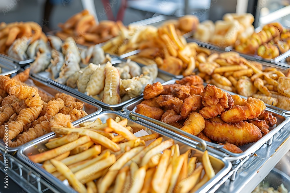 Assorted Fried Foods on a Metal Tray. Concept Food Photography, Fried Delicacies, Eatery Display, Culinary Art, Savory Treats