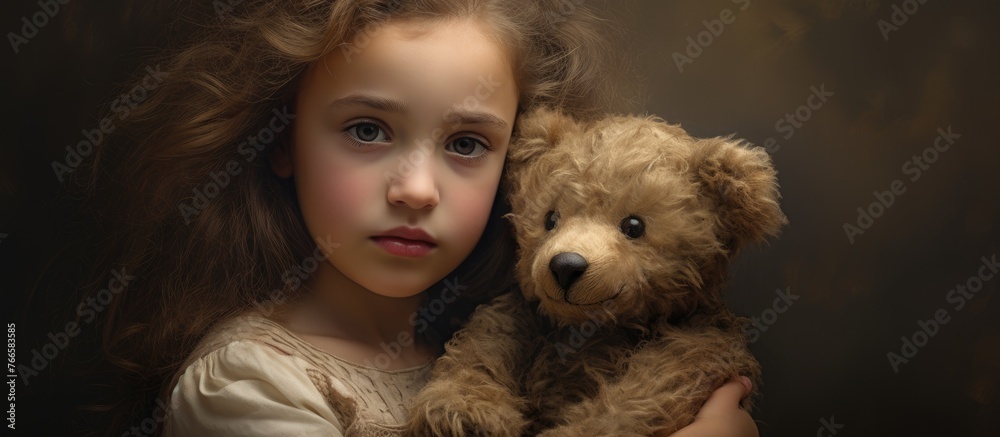 Young girl affectionately holding a teddy bear in her arms, expressing comfort and happiness Young girl affectionately holding a teddy bear in her arms, expressing comfort and happiness