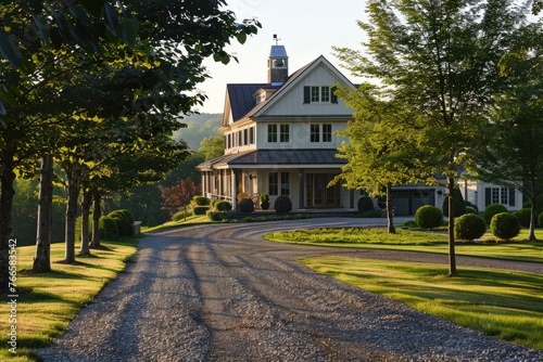 Gravel Driveway Leading to a Large Country House with Trimmed Exterior and Garage on Beautiful Property
