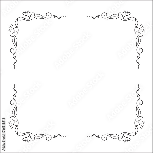 Elegant black and white ornamental frame, decorative border, corners for greeting cards, banners, business cards, invitations, menus. Isolated vector illustration.	
