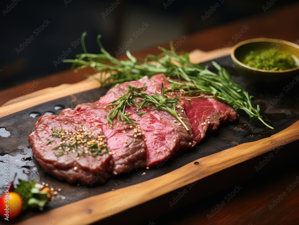 close-up of a medium raw beef steak adorned with Thai-style herbs, creating an aromatic and flavorful dish. The beef glistens with juiciness, while vibrant herbs like lemongrass, cilantro, 
