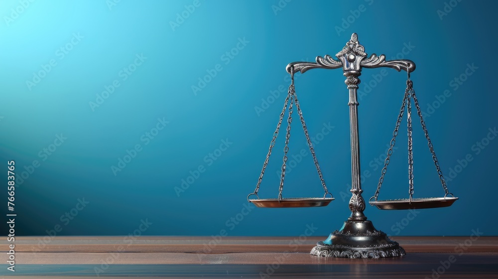 Justice Scale on Blue Background. Symbol of Fairness and Equilibrium in the Legal System and Office of a Lawyer Justice Scale on Blue Background. Symbol of Fairness and Equilibrium in the Legal System and Office of a Lawyer