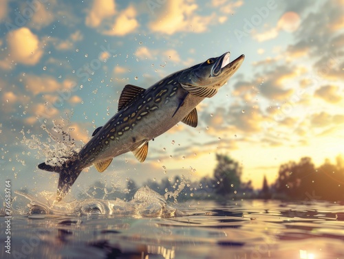 Jumping Pike in 3D Render - Angler's Catch in Freshwater Lake or River for Fishing and Flyfishing at Duck Pond