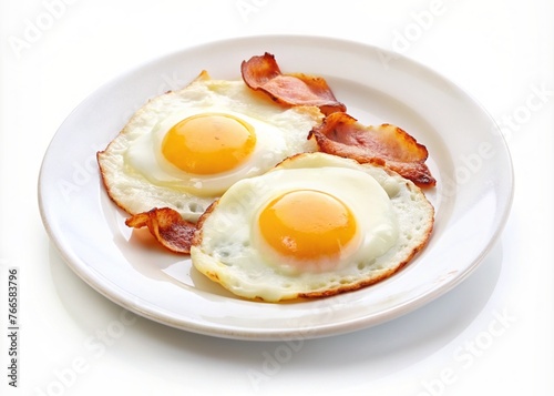 Fried eggs with bacon on a plate isolated on white background.