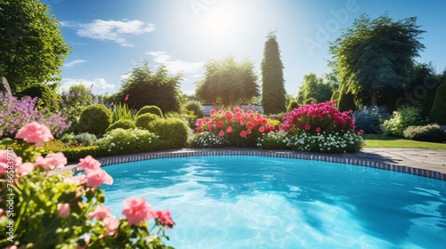 Swimming pool in the garden with blooming flowers and sun flare © Argun Stock Photos