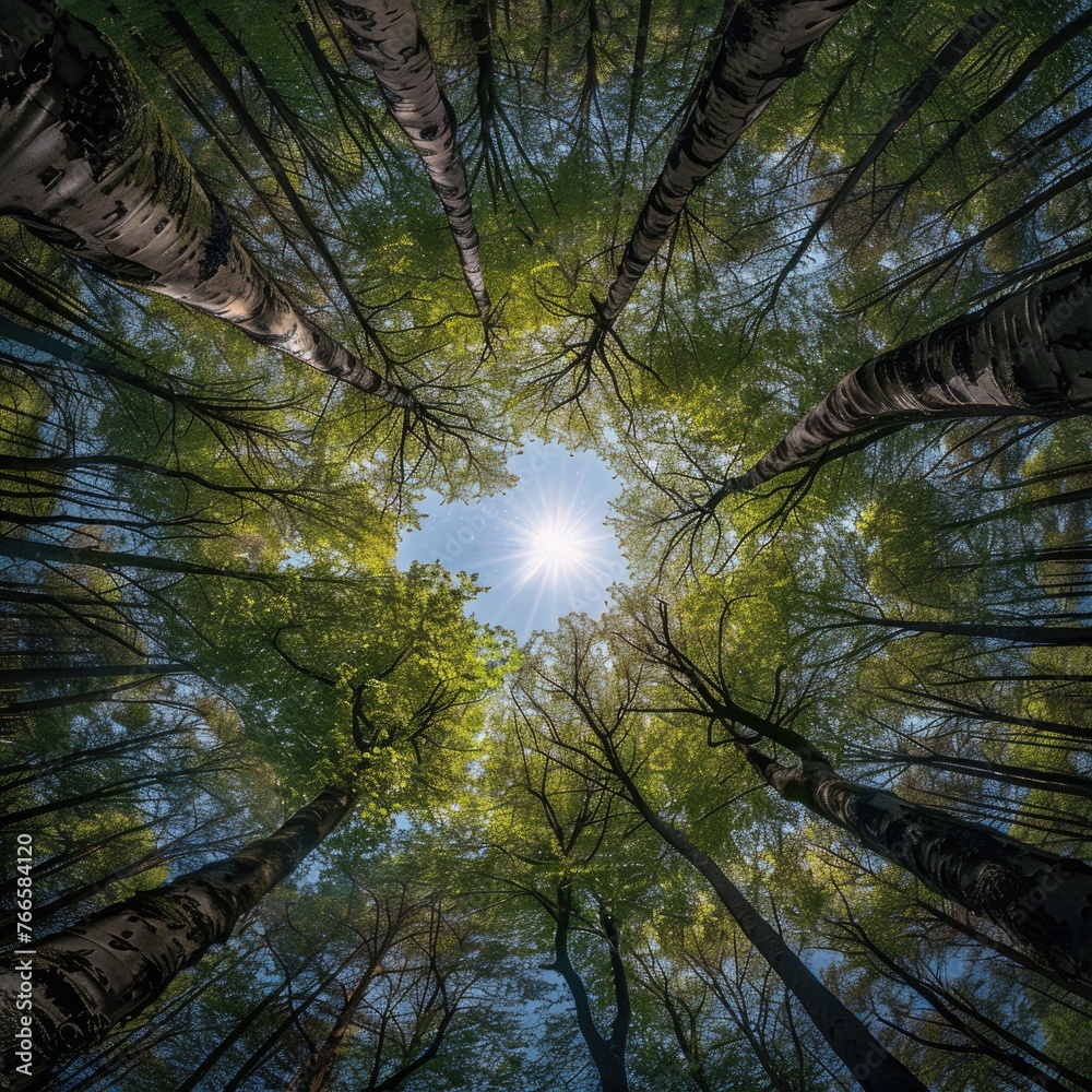 Fototapeta premium Spheric Panorama in Forest Showing Magnificent View of Treetops and Canopy on Springtime Landscape with Sun Rays and Natural Scenery