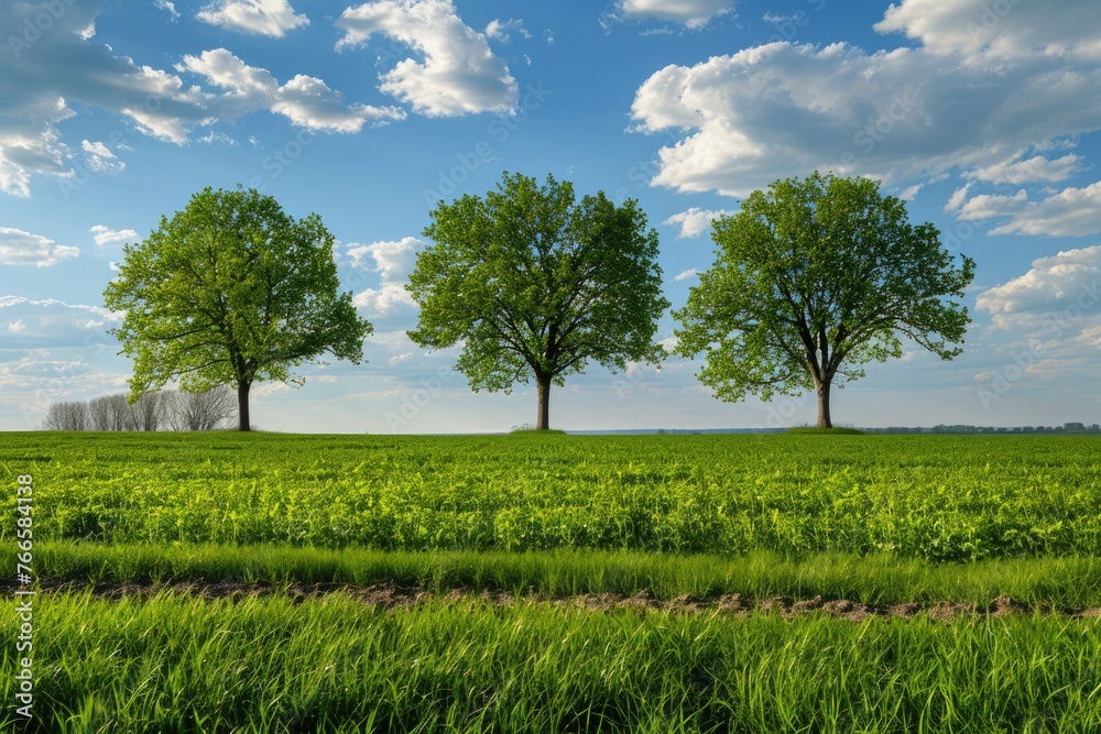 Obraz premium Spring Landscape with Three Trees and Water Horizon. Perfect for Agriculture and Arable Landscaping