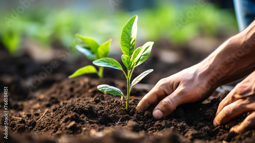 Man planting seedlings in fertile soil, closeup of hands.