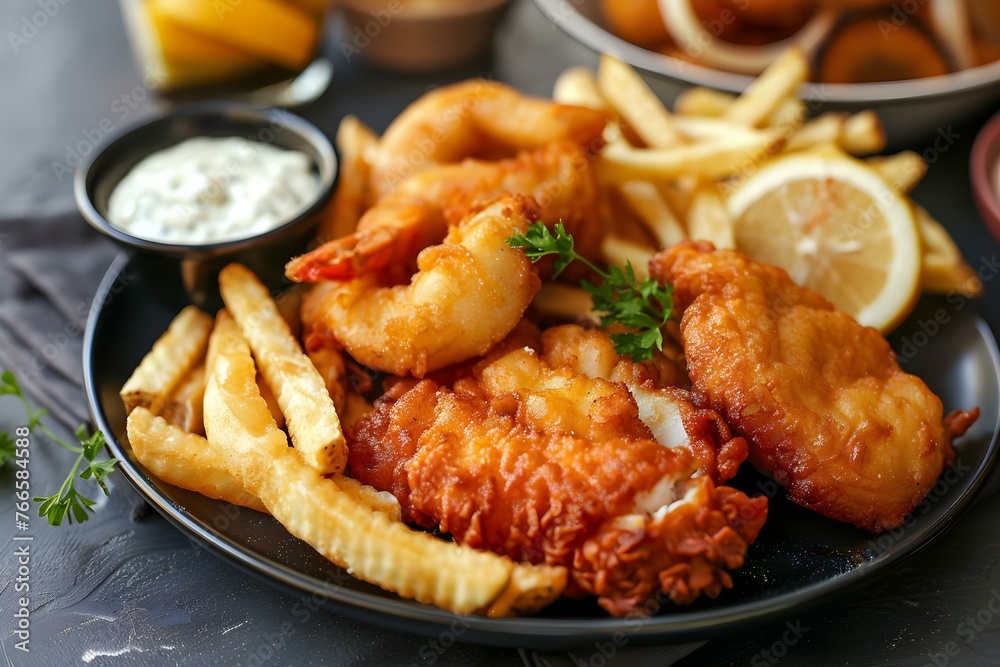 A Plate of Tasty Fried Foods: French Fries, Fish, and Chicken. Concept Food Photography, Fried Foods, Delicious Platter, Culinary Creations