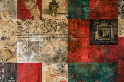 A close-up of an abstract background inspired by the rich history and culture of Italy. The image features a collage of symbols and motifs that are quintessentially Italian.
