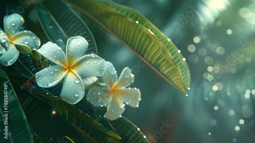 The white frangipani flowers adorned by the morning dew, creating a serene and enchanting scene. White frangipani flowers under soft morning light.