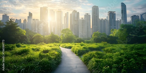 City skyline transitioning to green city path showcasing urban development and sustainable planning for a greener future. Concept City Skylines, Urban Development, Sustainable Planning photo