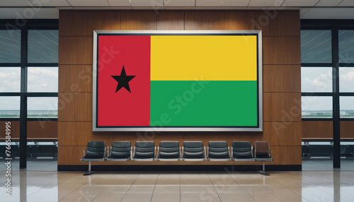 Guinea-Bissau flag in the airport waiting room. The concept of flying for work, study, leisure.