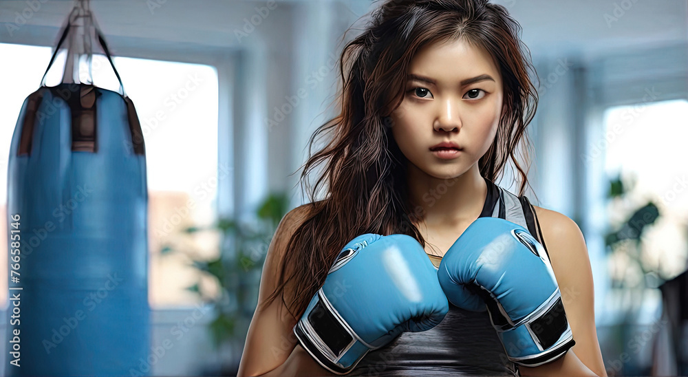 Portrait of an Asian girl with a serious look in boxing gloves