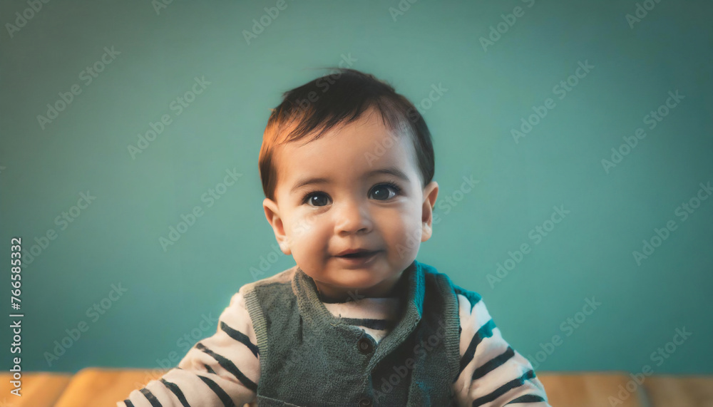 A portrait of a redheaded toddler against a mint green colored background - the baby has a cute surprised look and is dressed in warm fuzzy, striped clothing. A portrait of a redheaded toddler against a mint green colored background - the baby has a cute surprised look and is dressed in warm fuzzy, striped clothing.