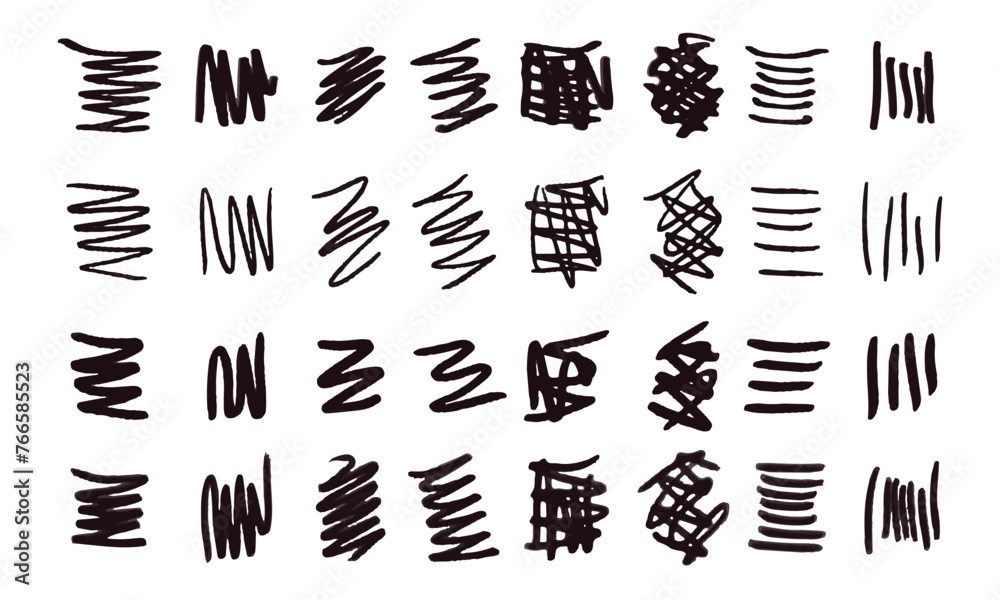 Strikethroughs and scribbles. 32 randomly drawn squiggles and doodles. Vector set Strikethroughs and scribbles. 32 randomly drawn squiggles and doodles. Vector set